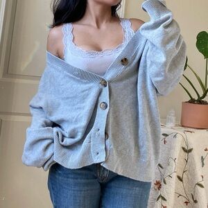 Women’s Light Gray Off-Shoulder Button Cardigan Sweater